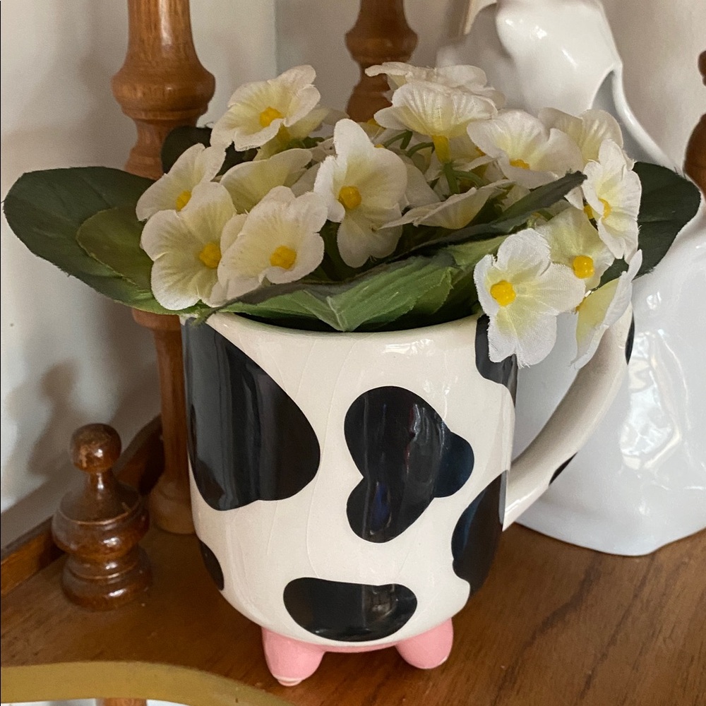 Pier 1 Black and White Cow Print Mug with Pink Feet